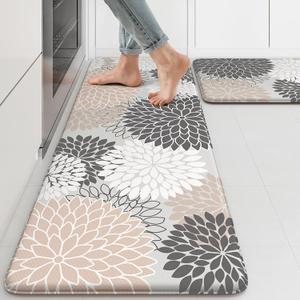 Kitchen Rugs and Mats Cushioned Anti Fatigue Kitchen Mat 2PCS Non-Skid Waterproof Boho Kitchen Runner Rug Comfort Foam Standing Mat for Office,Laundry,Kitchen Sink,Grey Floral (17.3" x 47 "+ 17.3" x 29 "--0.47 inches)