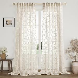 Hokibero Beige Sheer Curtains 92 Inches Long for Living Room 2 Panels Back Tab Pocket Modern Boho Farmhouse Geometric Embroidered Pattern Taupe Tan Curtain Window Drapes Rustic Bedroom Decor 52x92