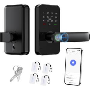 Keyless Entry Door Lock with Handle, Door Locks for Front Door, Auto Lock, WiFi Fingerprint Door Knob with App, Key, Passcode, Digital Smart Code & Front Handle Sets-Black