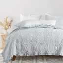 Light Blue Ruffled Quilt King Size, Stone-Washed Microfiber Lightweight Crinkled Farmhouse Rustic Shabby Chic Bedding Set, 3 Pieces Reversible Bedspread Coverlet with Pillow Shams for All Season (King(106"x 96"))