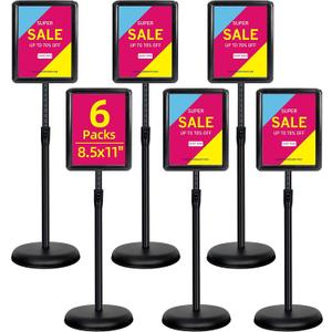 6-Packs Sign Holder Stand for Display 8.5x11 Inch - Adjustable Floor Standing Sign Holder - Pedestal Poster Stand with Vertical & Horizontal View, Indoor/Outdoor Business & Store Signage(Black)