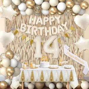 14th Birthday Decorations for Girls, White and Gold 14 Boho Birthday Party Supplies Includes Number Balloons, Banner, Fringe Curtain, Cake Topper