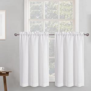 Chyhomenyc 2 Panels White Kitchen Curtains 36 Inch Length Tier Curtain, Faux Linen Textured Small Cafe Curtain, Light Filtering Short Window Curtains for Bathroom Basement, 30x36 inch, 2pcs
