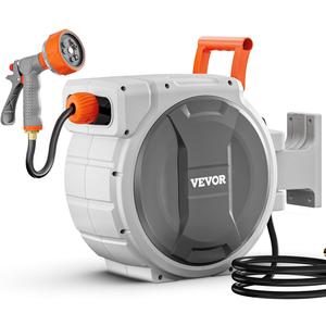 VEVOR Retractable Garden Hose Reel, 1/2 Inch x 65 ft Wall Mounted, Heavy Duty Garden Hose Reel with 9 Patterns Nozzle, Any Length Lock, Upgraded Slow Return System and 180Swivel Bracket