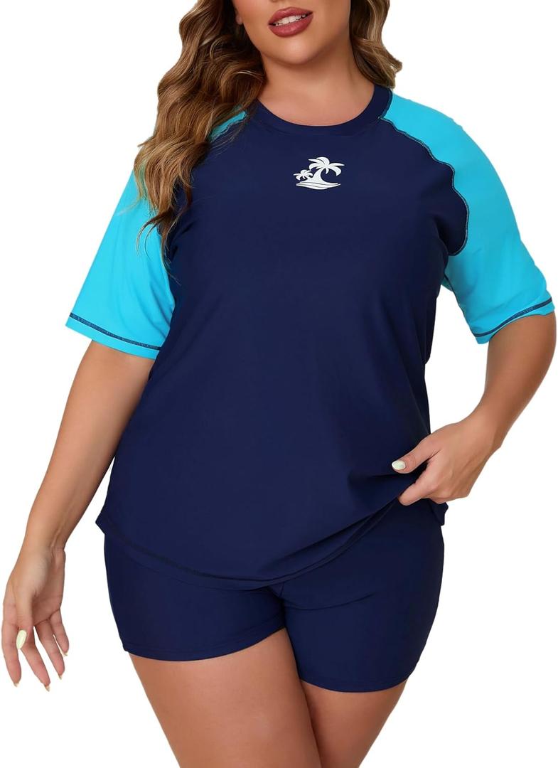 Women Plus Size Short Sleeve Rash Guard Sets with Built in Bra UPF50+ Swim Shirt and Shorts Two Piece Swimsuit (3X, Navy/Turquoise)