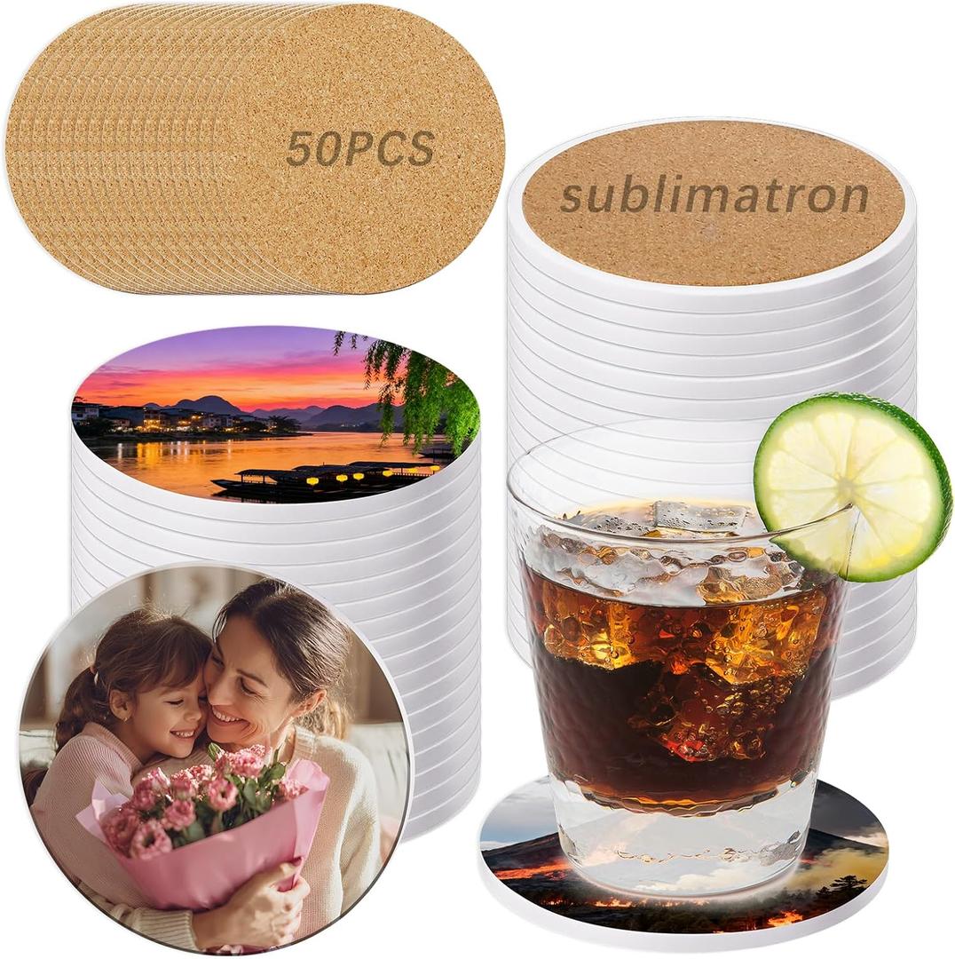 50 Pack Round Sublimation Blank Ceramic Coasters with Cork Backing, 4X4inch Matte Finish Blank Ceramic Tiles Crafts Coasters Pads for Sublimation Transfer Heat Press Printing DIY Crafts