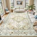 Lessymo 8 x 10 Area Rugs for Living Room, Machine Washable Area Rugs Boho Faux Wool Low Pile Area Rug for Bedroom, Floral Medallion Vintage Rugs with Non-Slip Rubber, Kid & Pet Friendly,Beige
