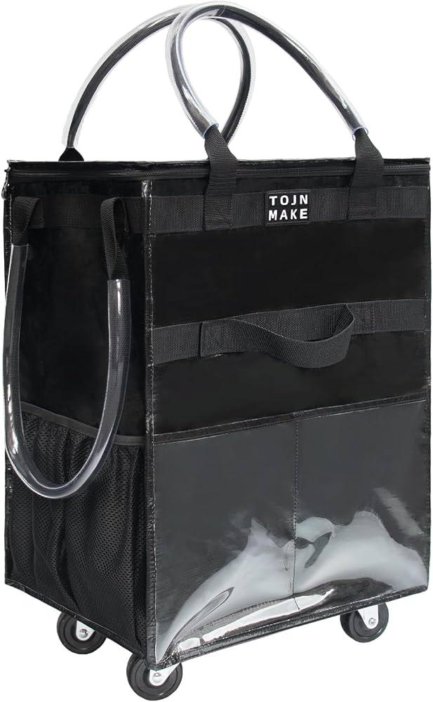Reusable Grocery Bag On Wheels(Medium -Black), Rolling Tote Bag, Shopping Cart with 8 Pockets and Zipper Cover for Trips, Laundry, Foldable, Heavy Duty Handles, Carries Up to 46 LBS, Black