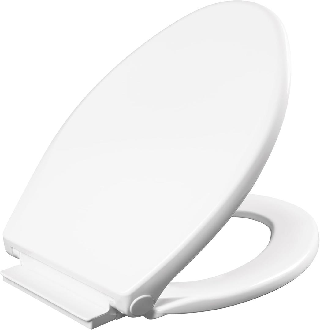 Mayfair Preston Easy to Clean Single Hinge Toilet Seat, Modern Slow Close Plastic Toilet Seat, Elongated, White
