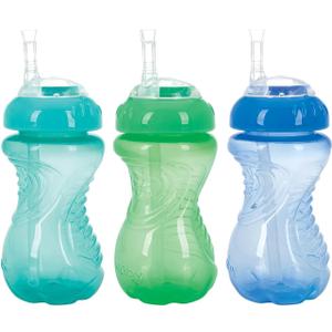 Nuby 3 Pack No Spill Flex Straw Toddler Sippy Cups - Toddler Cups Spill Proof with Easy and Firm Grip - Green, Blue, Aqua