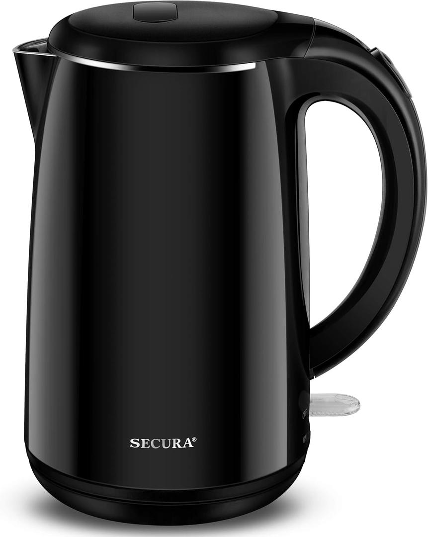 Secura Original Stainless Steel Double Wall Electric Water Kettle 1.8 Quart with Auto ShutOff & BoilDry Protection, Black Onyx SWK1701DA/HB3227B