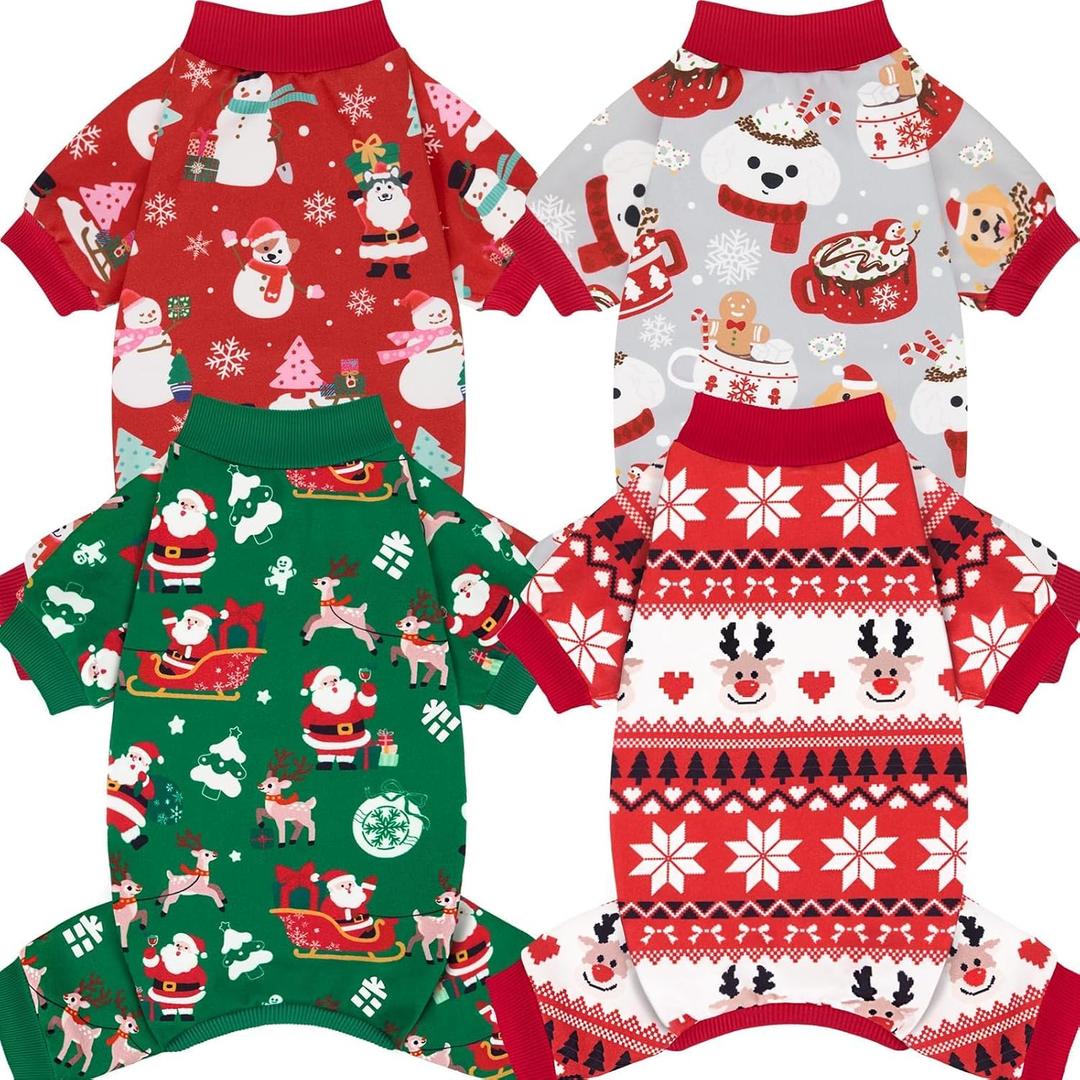 XPUDAC 4 Pack Christmas Dog Pajamas Soft Puppy Outfits for Dogs Pet Clothes Pjs Doggie Bodysuit Cat Christmas Apparel, Red Green, L (Large(Chest-18" Back-14" Neck-10.6"))