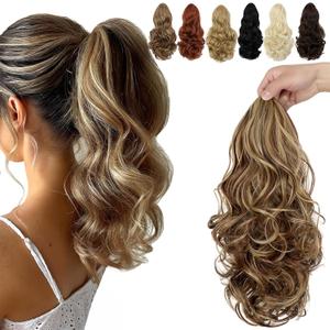 FELENDY 15" Ponytail Extension Drawstring Curly Wavy Ponytail Extensions Clip in Long Pony Tails Hair Cute Synthetic Piece for Women Light Brown Mix Ash Blonde