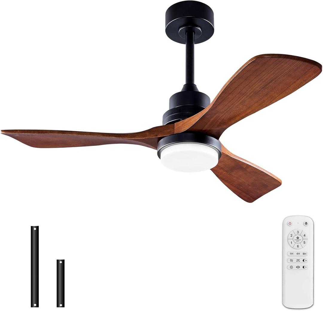 BOJUE 42 Inch Black Ceiling Fans with Lights and Remote,Dimmable LED Light,Quite Reversible DC Motor,Memory Function,Modern Solid Wood Indoor Outdoor Ceiling Fan with Light for Office Patios (Walnut+Black)