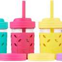 Elk and Friends Kids + Toddler Glass Cups | The Original 8oz Glass Mason Jar with Sleeves + Lids | Silicone Straws + Stopper | Smoothie Cup | Food Storage | Spill Resistant | Dishwasher Safe | 4 Pack