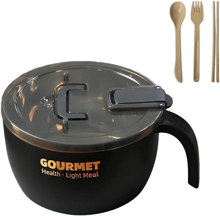 45 oz Ramen Noodle Bowl with Lid and Handle, BPA-Free Instant Noodle Soup Bowl, Large Plastic Serving Bowl for Hot Water Preparation, Not for Microwave Use, Black