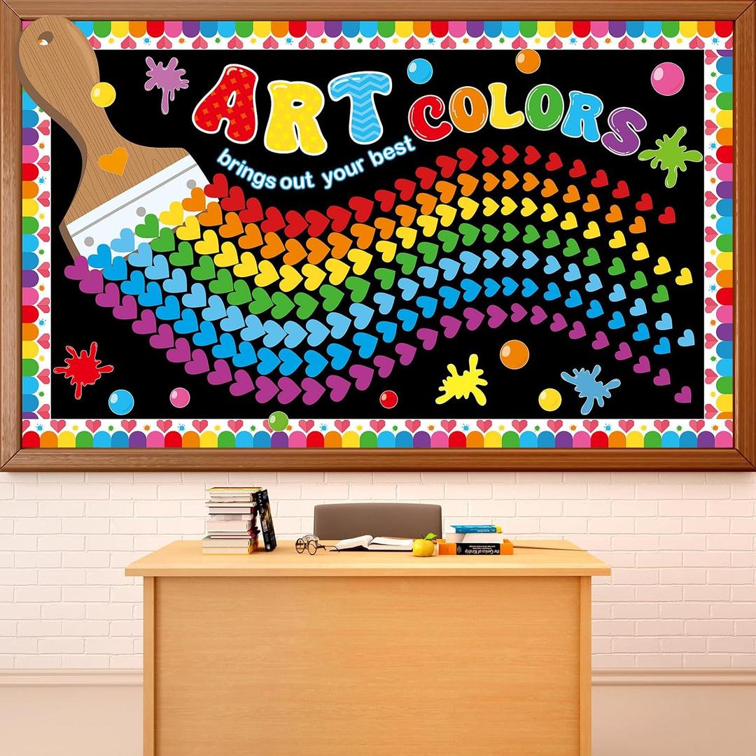 2 x 241 Pcs 3D Art Classroom Bulletin Board Decorations Art Brings Out Your Best Colors Bulletin Board Set Rainbow Heart Cutouts for Preschool Elementary Wall Chalkboard Decor Back to School Supplies, 13.4"L x 10.6"W