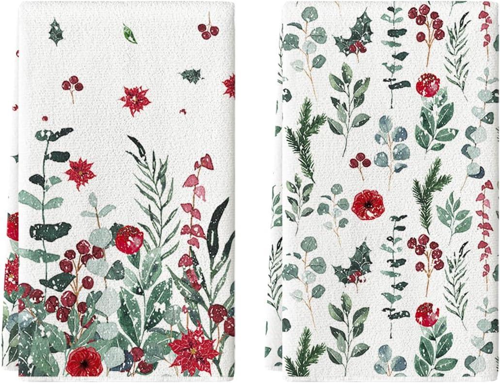 Artoid Mode Holly Poinsettia Flower Winter Kitchen Towels Dish Towels, 18x26 Inch Farmhouse Holiday Decoration Cleaning Set of 2