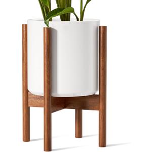 LE TAUCI 12 Inch Plant Pot with Acacia Wood Stand, Large Ceramic Planter for Indoor Plants, Mid-Century Modern Home Decor, Round Flower Pot with Drainage Hole and Plant Stand, White