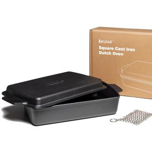 Kuha 2-in-1 Square Cast Iron Dutch Oven, 6 QT – Skillet Lid & Casserole Dish, Pre-Seasoned 13×9 Baking/ Roasting Pan, Oven-Grill-Campfire Safe, Comes with Chainmail Scrubber