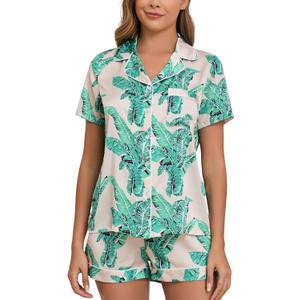 Veseacky Women Satin Pajamas Set 2 Piece Button Down Short Sleeve Soft Sleepwear with Pockets (X-Large, Short-green Leaf)