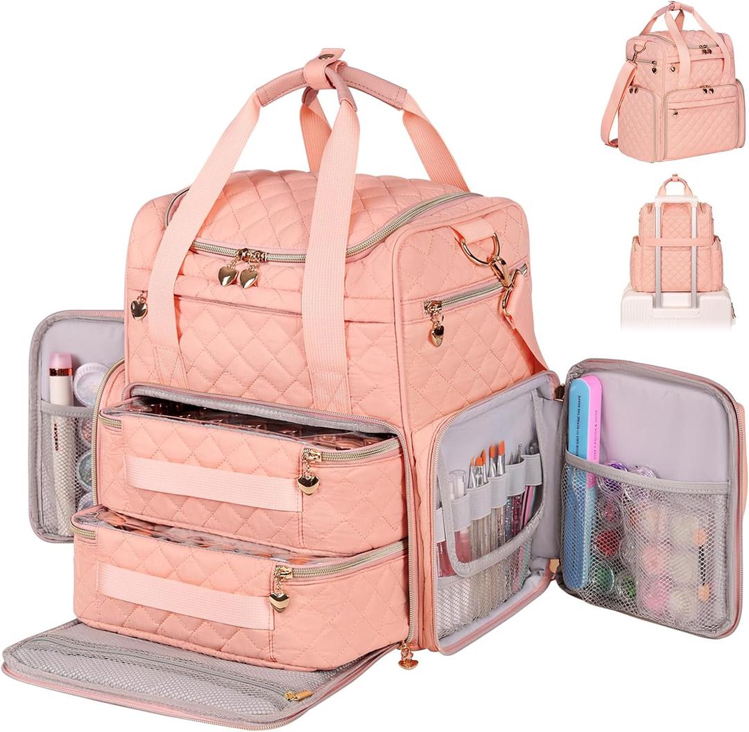 Nail Polish Organizer Bag - Travel Case Holds 70 Bottles, 2 Removable Cases & Tools Storage Pockets (Sweet Pink)