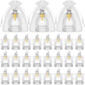 Newtay Holy Water Bottles Catholic Bulk Glass Baptism Favors for Guests Christian Water Container with Cross Organza Bags Bow for Holy Communion Gifts Church Wedding Baptism (24, Pure White)