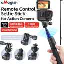 Remote Control Selfie Stick Rechargeable Waterproof 100CM Stretchable Compatible with Insta360/Gopro Action Camera and iOS Android Smartphone (Ball Head Three-Prong)