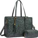 LOVEVOOK Laptop Bag for Women Vintage Leather Laptop Tote 15.6 inch Large Capacity Computer bag with Clutch Purse for Work (Green Embossed)