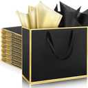 ReliThick 12 Pack Metallic Paper Gift Bag with Handles and Tissue Paper 11.8 x 10 x 4'' Thank You Favor Bag for Graduation Mother's Day Wedding Bridesmaid Groomsman 5 Senses Gifts (Black,Gold)