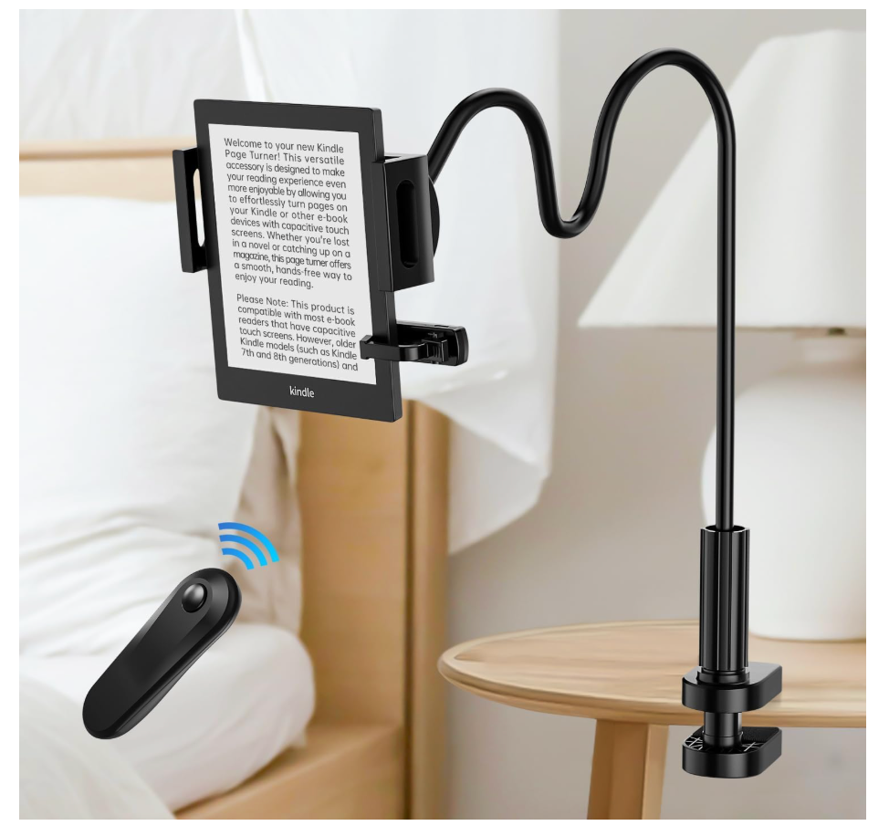 Kindle Holder with Remote Page Turner, Kindle Stand for Bed Reading, No Text Blocked 6mm Clip, No Margin Adjustments, Whisper-Quiet Page Turns, Fits 4.7-10" Devices (Paperwhite/Oasis, iPad/iPhone)
