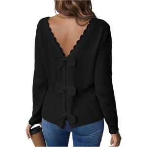 SOLY HUX Women's Sweaters Lace Bow Back Long Sleeve V Neck Pullover Casual Jumper Tops (Large, Pure Black)