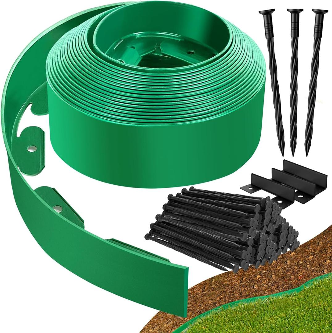 Landscape Edging Border - 40FT 4IN Tall Edging for Landscaping with 60 Stakes, 0.15" Thick No Dig Lawn Edging for Garden Border, Flexible Flower Bed Edging Borders for Yard, Terrace Board (GREEN)