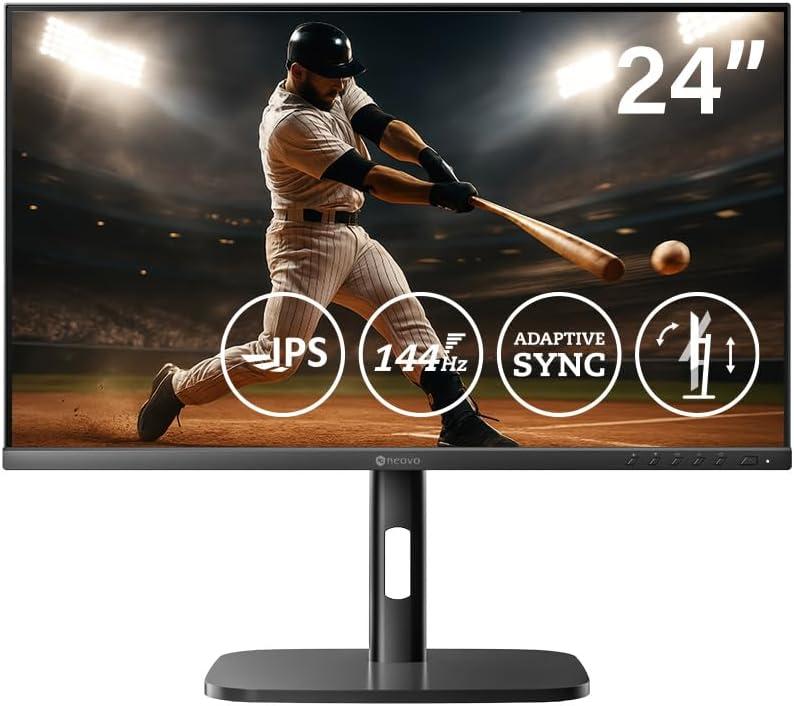 AG Neovo MH2404 24 Inch Height Adjustable 144Hz Full HD Monitor with Ergonomic Stand, Tilt, Swivel, Pivot, Height Adjustment, HDMI, DisplayPort, Adaptive Sync, Speakers