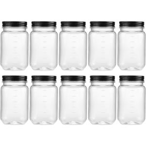 novelinks 16 oz Clear Plastic Jars with Screw-On Lids - BPA-Free Refillable Storage Containers for Slime, Food, Crafts, Kitchen & Household Use (10 Pack, Black)