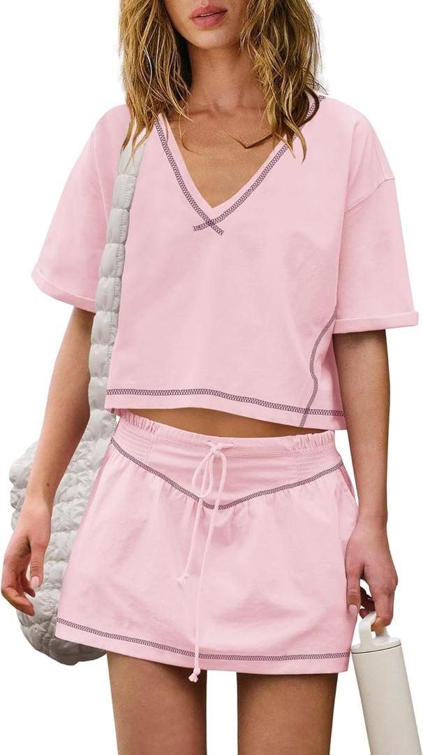 LAMISSCHE Womens 2 Piece Workout Sets Athletic Gym Sets Crop Top And Skirt With Shorts Set Activewears (Medium, Pink)