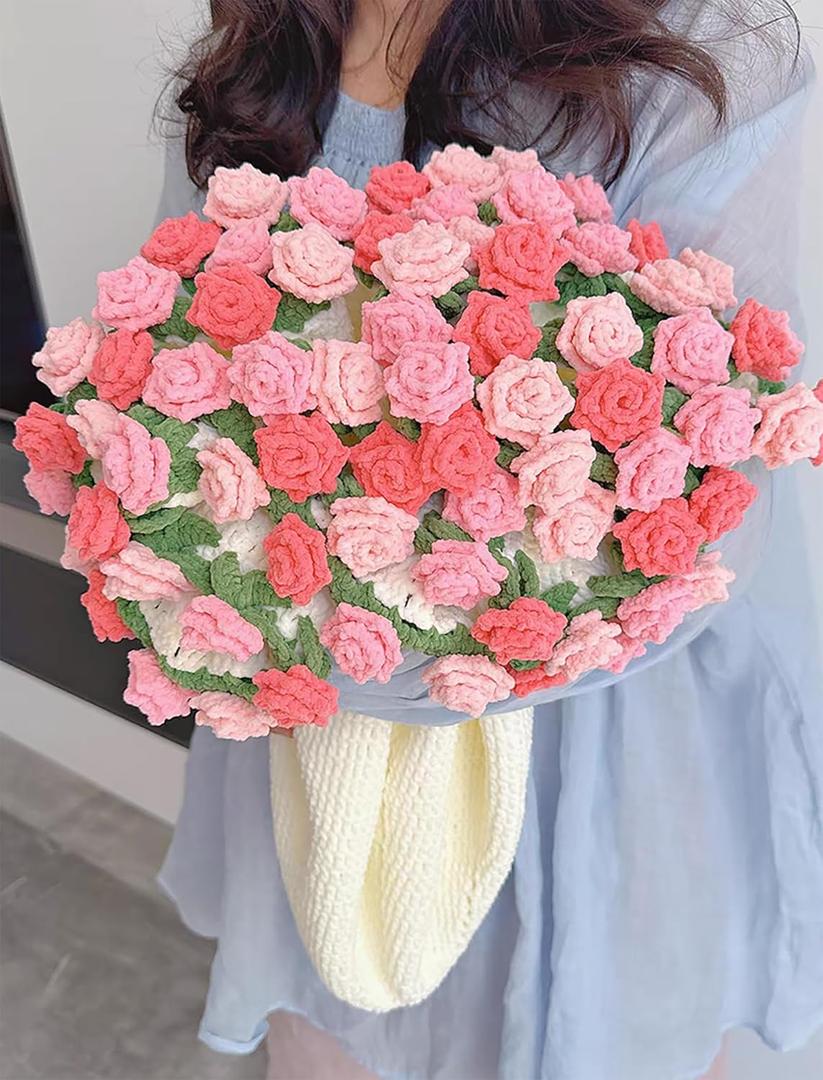 SUVEUS Crochet Flower Bouquet Throw Blanket, 43'' Handmade Knitted Blanket with Rose Flowers, Gift for Women on Birthday Mothers Day Valentine's Day Anniversary (Pink)