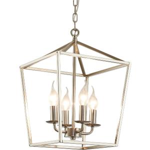 4-Light Brushed Nickel Farmhouse Chandelier, 12" Industrial Ceiling Light Lantern Pendant Light with Metal Cage Adjustable Height Rustic Hanging Light E12 Base for Kitchen Island Dining Room Entryway