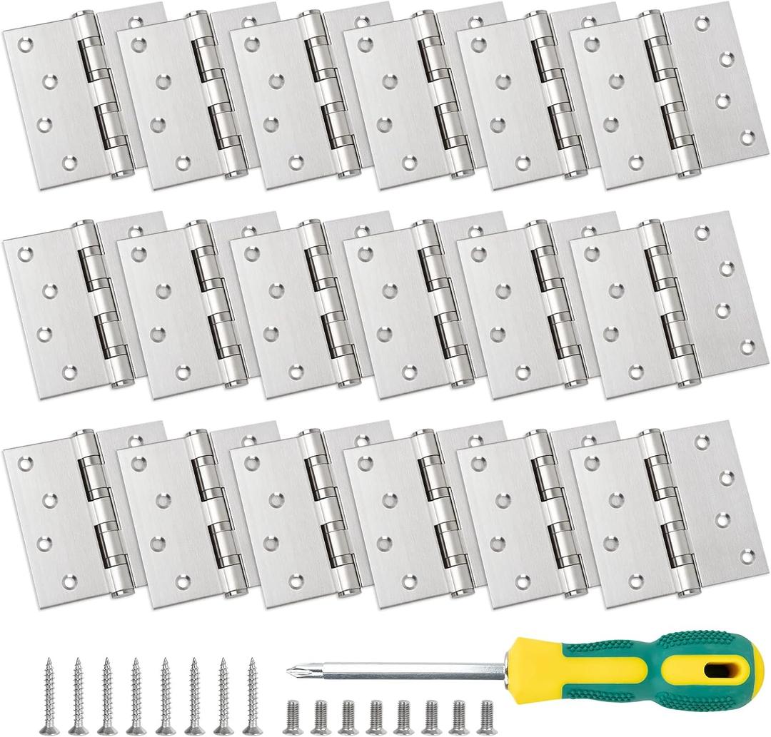 18 Pack 4" x 4" Heavy Duty Stainless Steel Door Hinges, Ball Bearing Door Hinges with Square Corners for Interior and Exterior Doors, Includes Screwdriver and Screws