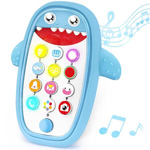 Baby Shark Cell Phone Toy Removable Teether Case, Light, Music & Adjustable Volume Kids Play & Learn Fake Phone Infant Toddler, Preschool Holiday Birthday Present for Girl Boy 12 Months (Blue)