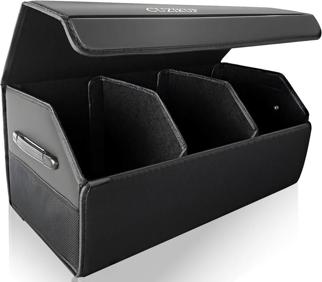 Car Trunk Organizer for SUV Sedan,Extra Large,Premium PU Leather Foldable Cargo Storage Box with Magnetic Lid,Multi-Compartment Collapsible Trunk Organizers (Black)
