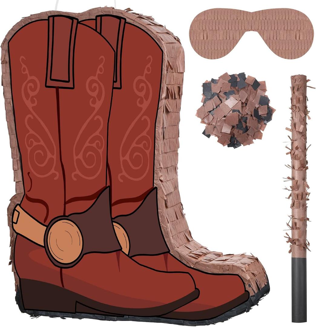 Lewtemi 15.7 Inch Cowboy Hat Piñata Western Cowboy Theme Birthday Party Decors Favors with Blindfold Stick Confetti Photo Prop Candy Holder Baby Shower Party Supplies(Brown Boot)