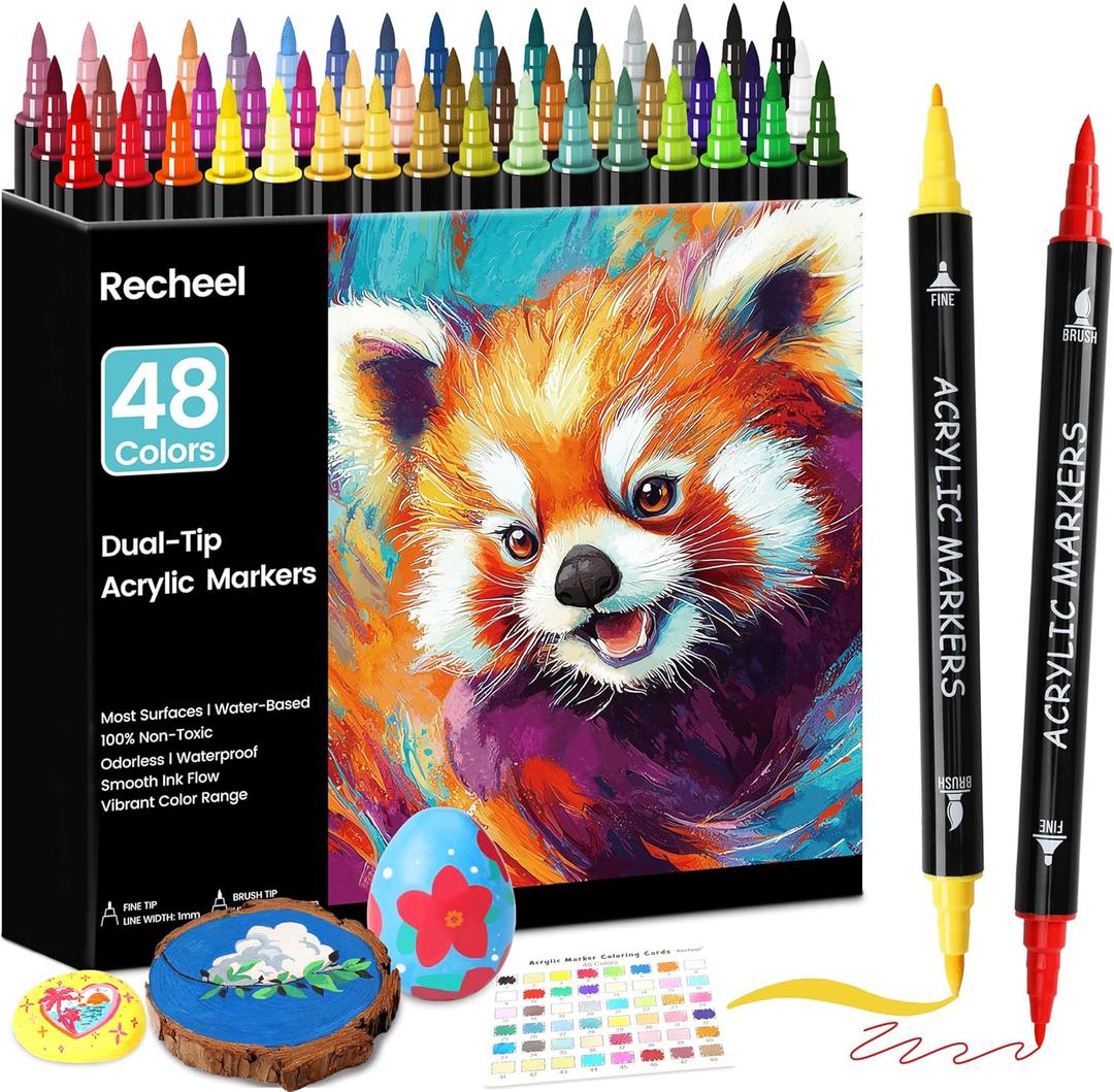 Recheel 48 Colors Acrylic Paint Markers, Dual Tip with Precision Fine Tip and Versatile Brush Tip Pens for Creative DIY, Crafting, Stone, Wood, Canvas, Glass, Metal, and More
