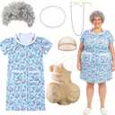 7 Pcs Halloween Fat Old Lady Costume Set, Grandma Dress Fat Suits (Blue, XXL)