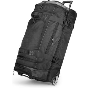 Amazon Basics 30-Inch Large Rolling Duffle Bag with Wheels and Handle, Travel Duffle Bag with Durable Ripstop Polyester Material, 2 Layers of Space, Multiple Interior and Exterior Pockets, Black