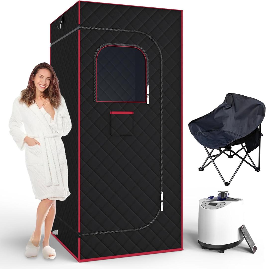 AgiiMan Portable Sauna Box, Portable Sauna for Home with 3L Steamer, Remote Control, Folding Chair and Mat, Full Size Personal Sauna Tent for Relaxation (Red)