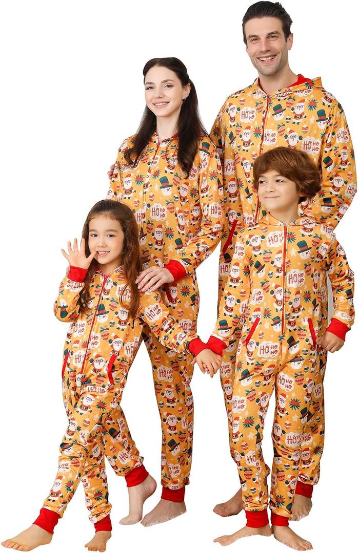 ANGELGGH Matching Family Christmas Onesie Pajamas, Cute Vacation Print One Piece PJs, Hooded Holiday Loungewear with Pockets (Women, XL, Yellow Ho) (XL)