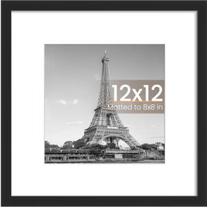 upsimples 12x12 Picture Frame, Display Pictures 8x8 with Mat or 12x12 Without Mat, Wall Hanging Photo Frame, Black, 1 Pack