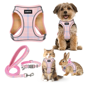 GAMUDA Small Dog Harness Collar and Leash Set, Step in No Chock No Pull Soft Mesh Adjustable Dog Vest Harnesses Plaid Reflective for Dogs Puppy Cats Kitten Rabbit (Pink, S)
