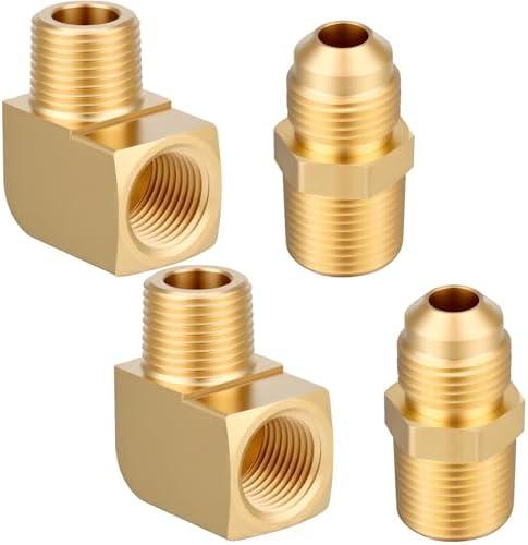 Pelopy 4 Pack Brass Grill Connectors for Big Buddy Heater 90 Degree Barstock Street Elbow Half Union Gas Adapter 3/8" Flare x 3/8" NPT Male Pipe for F273684 Propane Hose